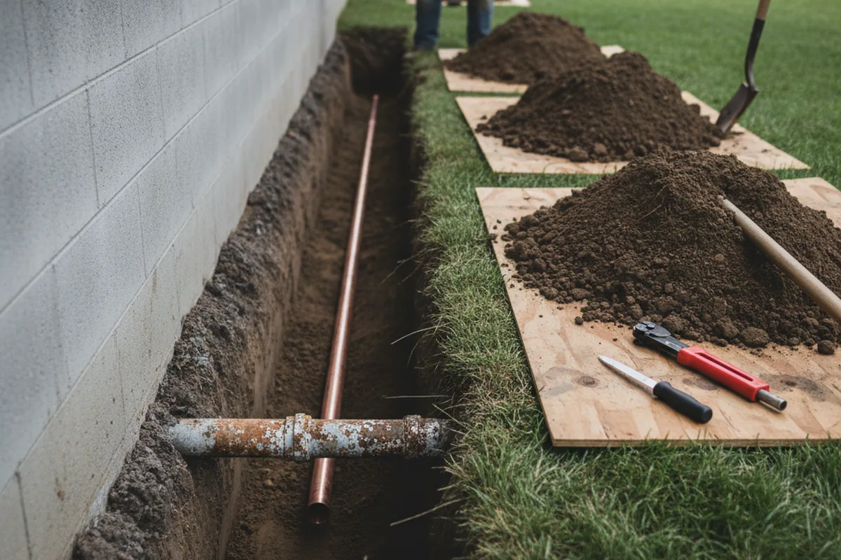 Excavated water line trench during Sewer Line Repair in Morehead